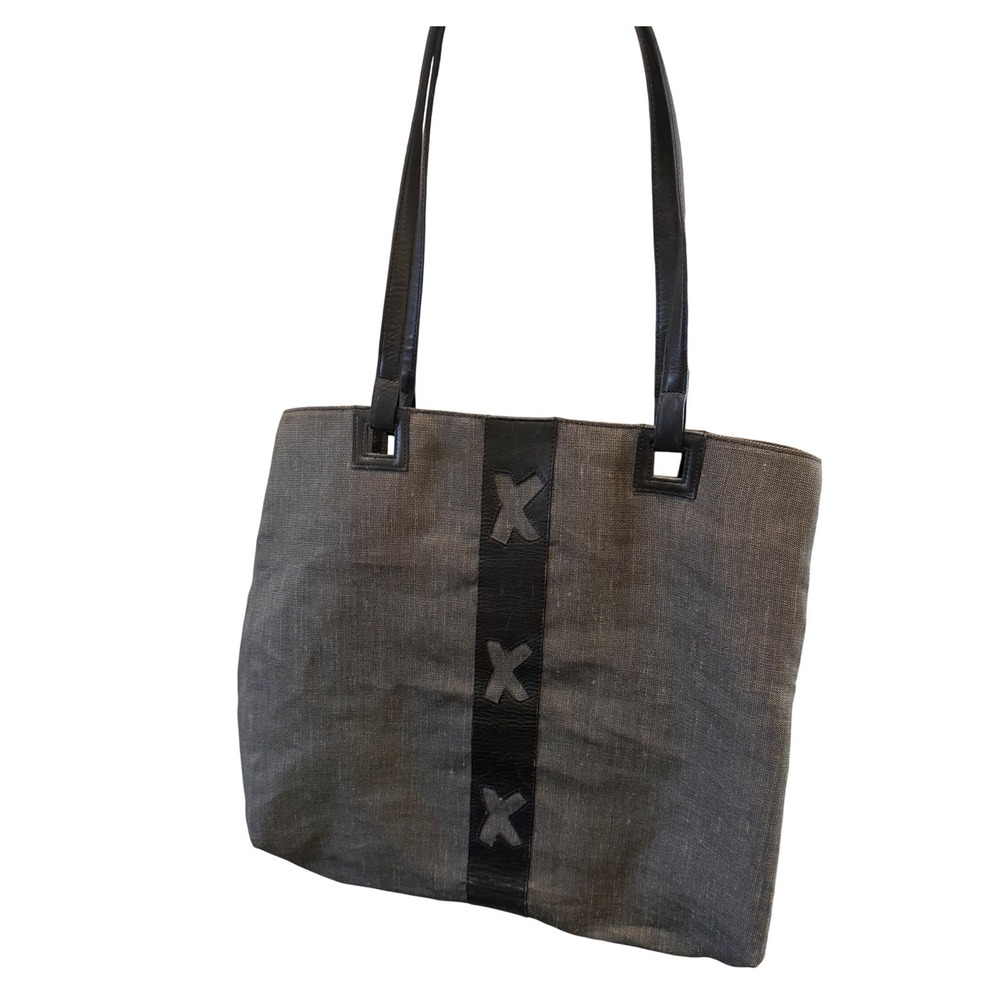 Paloma Picasso Vintage Grey Woven Leather‎ X Tote Shoulder Bag Womens Black Trim